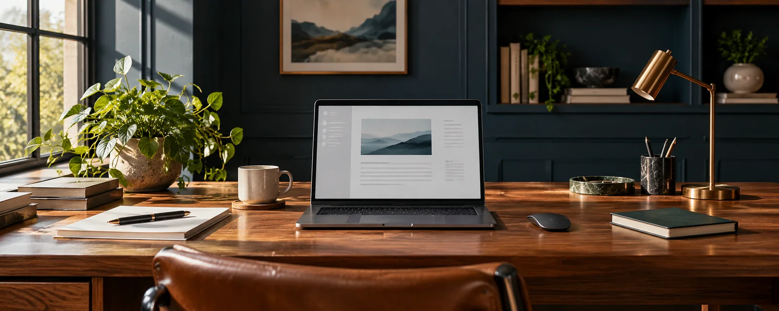 Illustrative work from home workspace with a laptop, documents and a neatly organised desk