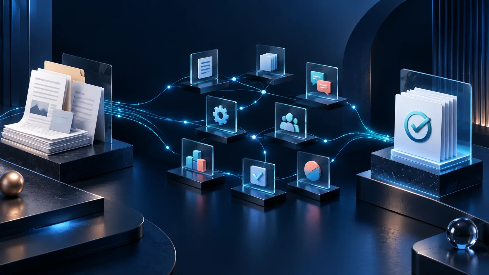 Concept illustration of documents flowing through distributed project tasks into reviewed output
